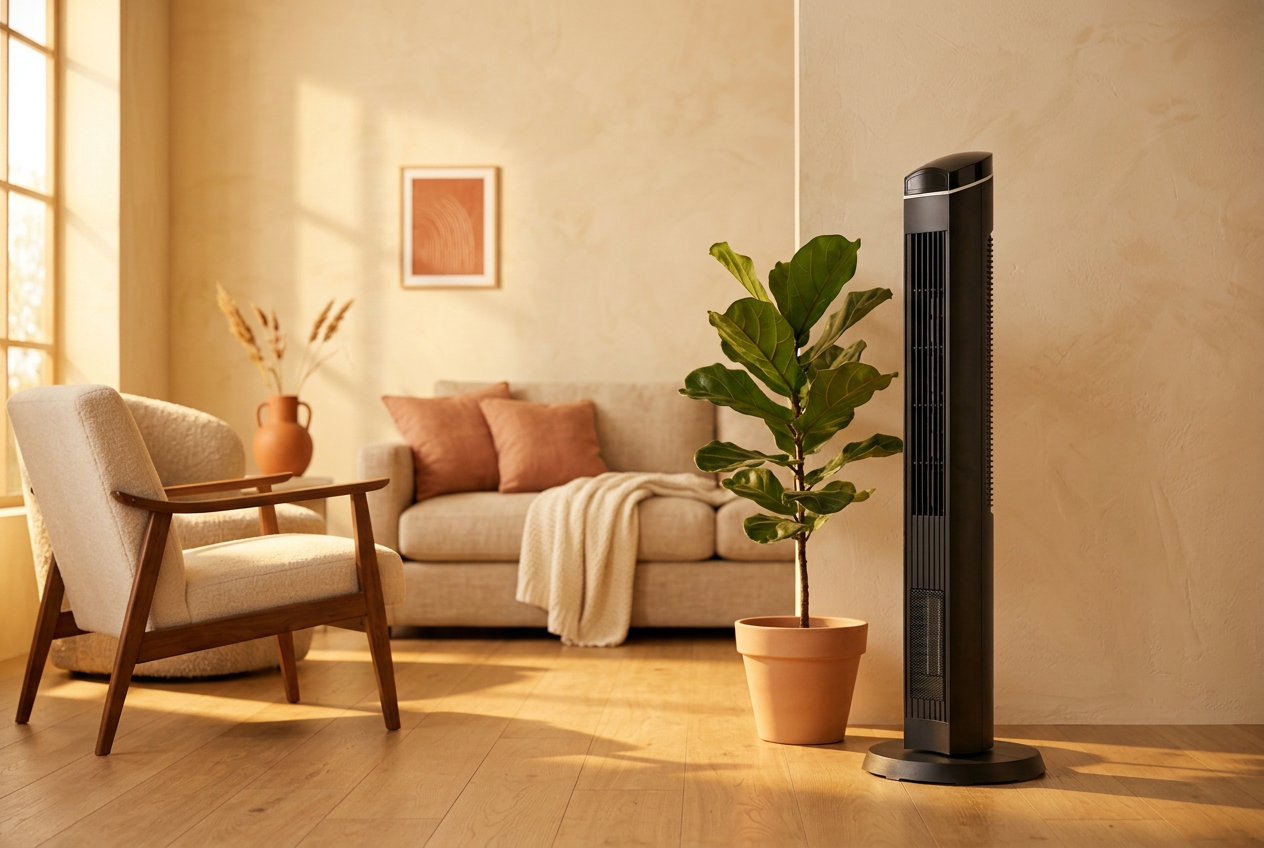 CASCADE Arc One 40" tower fan and ceramic heater combo in a warm minimalist living room